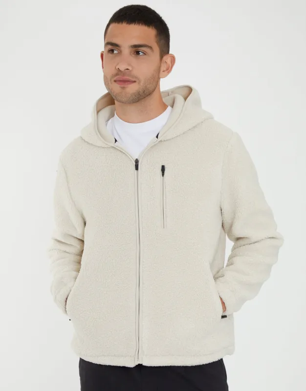 Ecru Zip Through Borg Hoodie sold by Threadbare