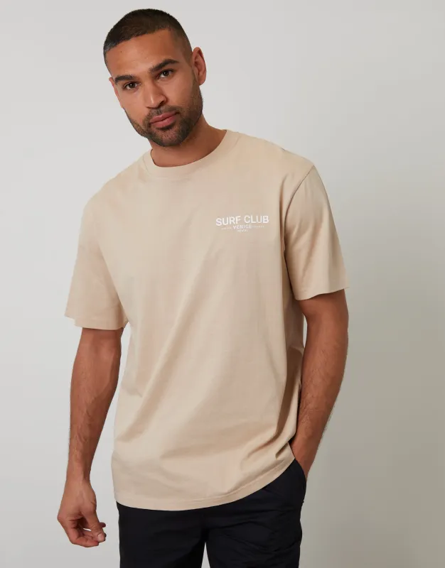 Dark Stone Relaxed Fit Surf Club Graphic Print T-Shirt sold by Threadbare