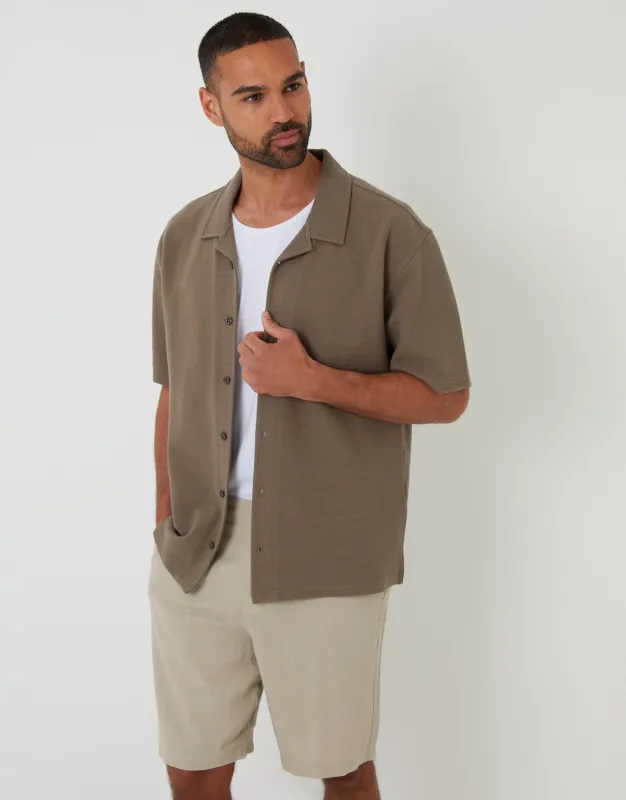 Khaki Green Textured Revere Collar Short Sleeve Shirt sold by Threadbare