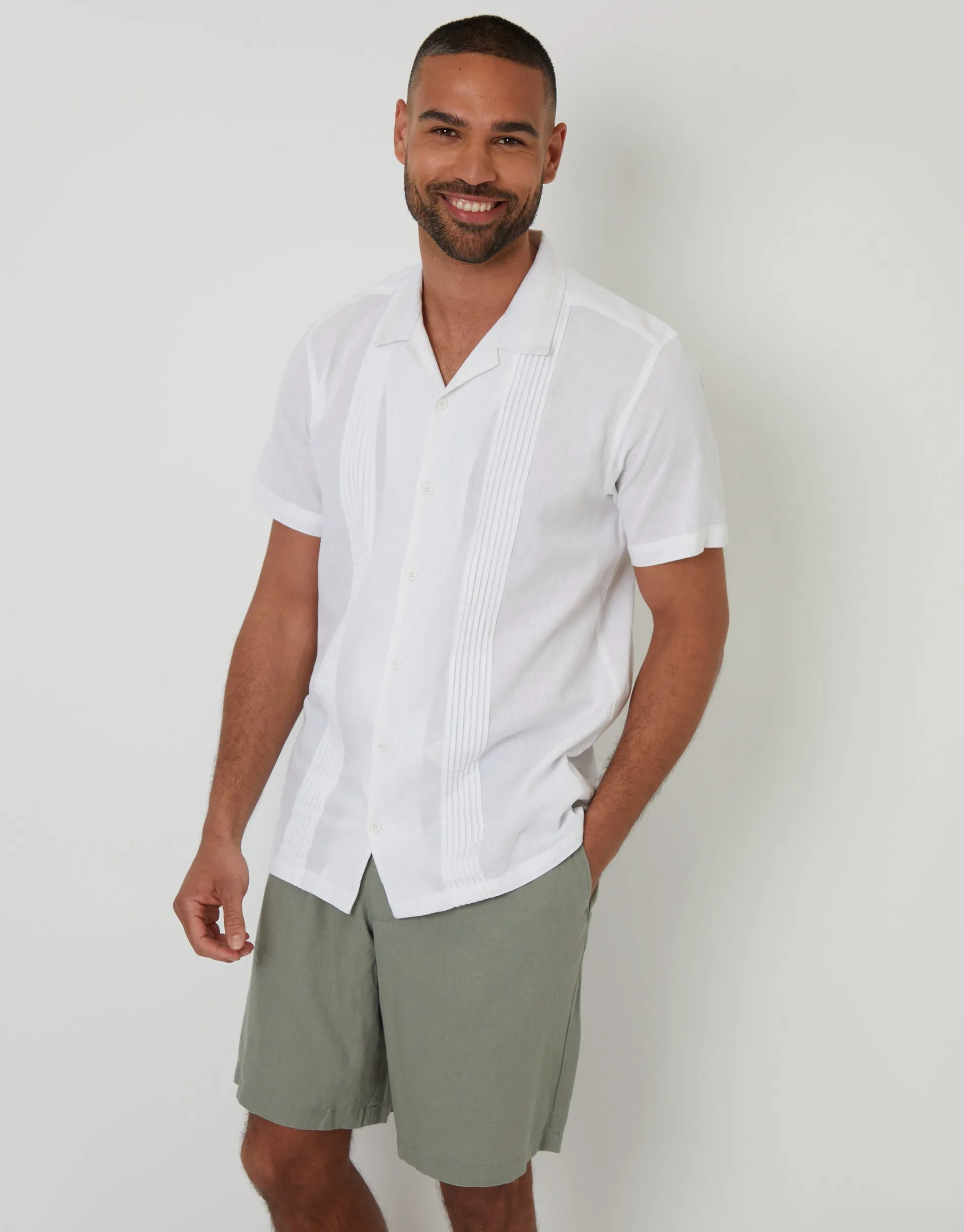 White Pleat Detail Linen Blend Short Sleeve Shirt sold by Threadbare