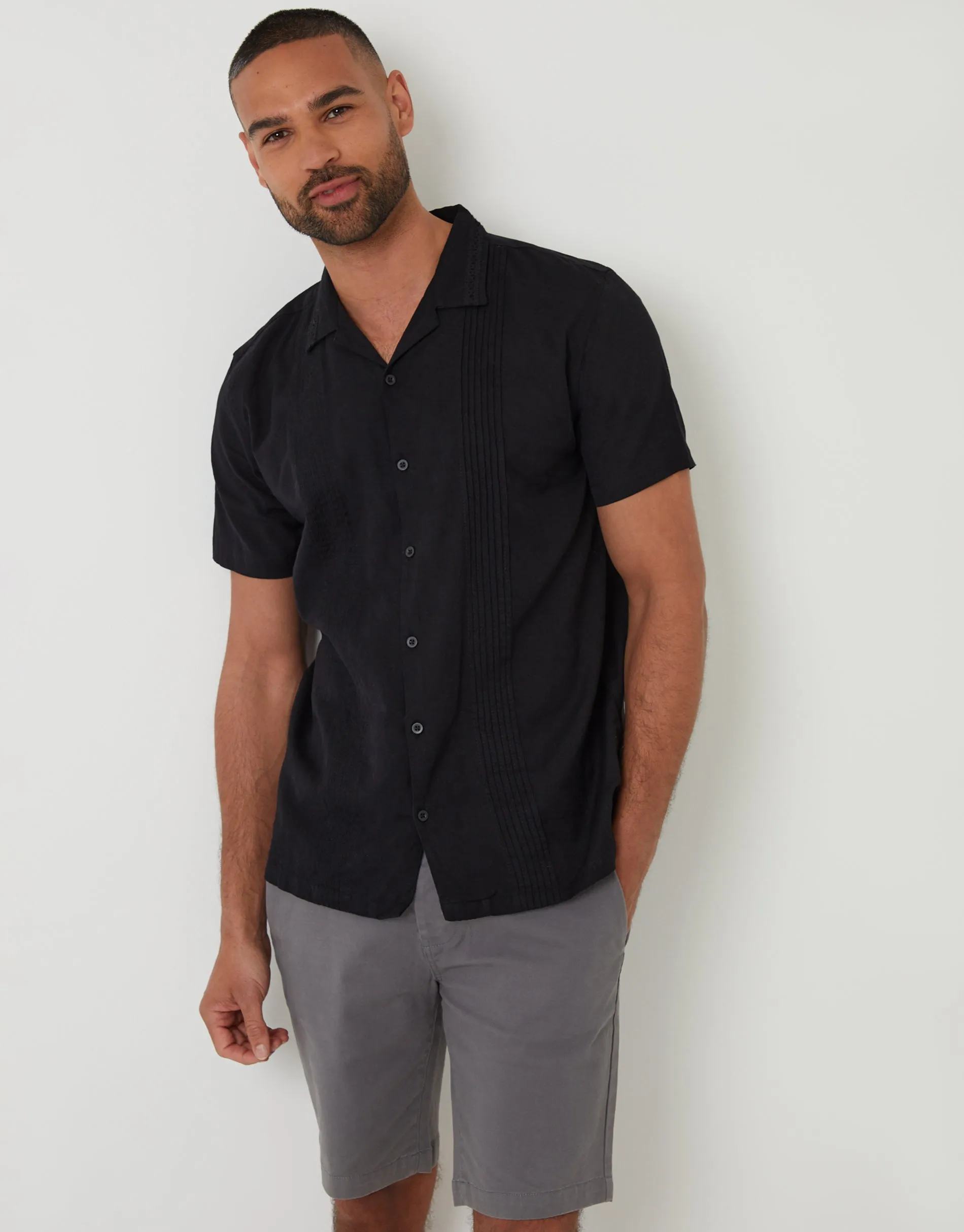 Black Pleat Detail Linen Blend Short Sleeve Shirt sold by Threadbare