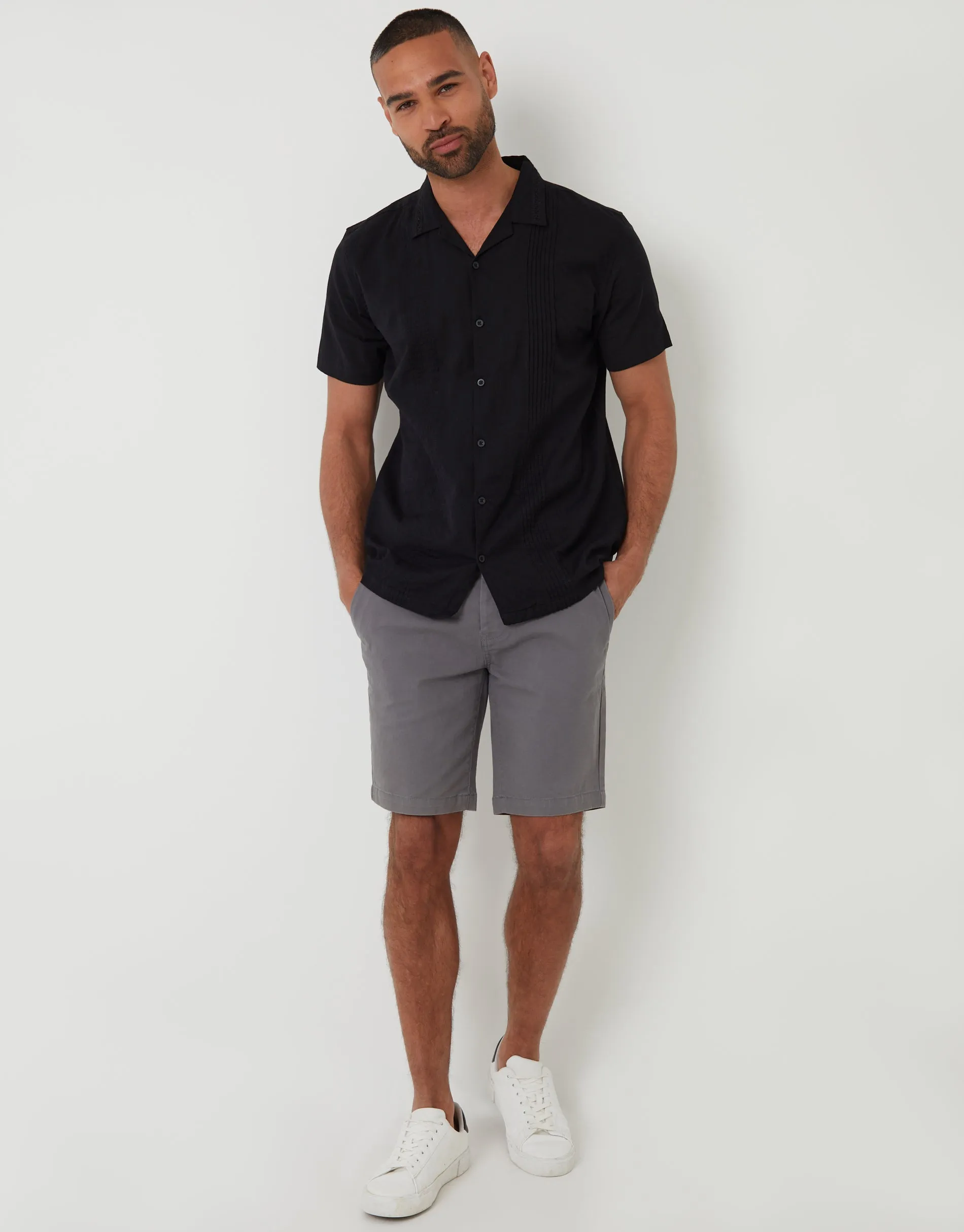 Black Pleat Detail Linen Blend Short Sleeve Shirt sold by Threadbare product image thumbnail 3