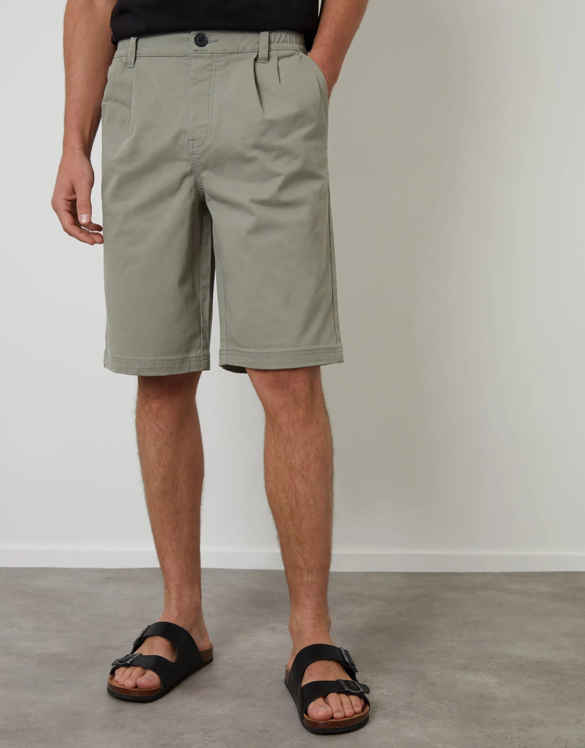 Sage Green Pleated Stretch Relaxed Fit Chino Shorts sold by Threadbare