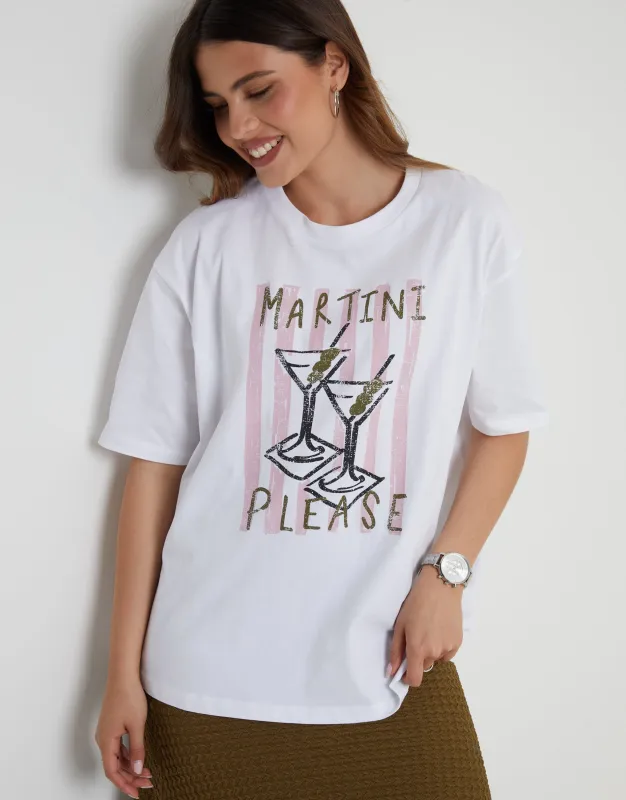 White 'Martini Please' Graphic Print Boyfriend Fit T-Shirt sold by Threadbare
