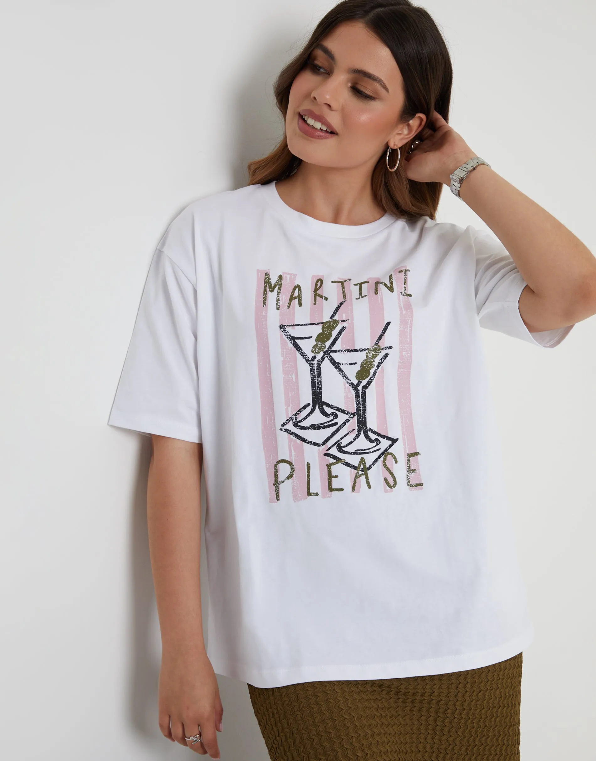 White 'Martini Please' Graphic Print Boyfriend Fit T-Shirt sold by Threadbare product image thumbnail 4