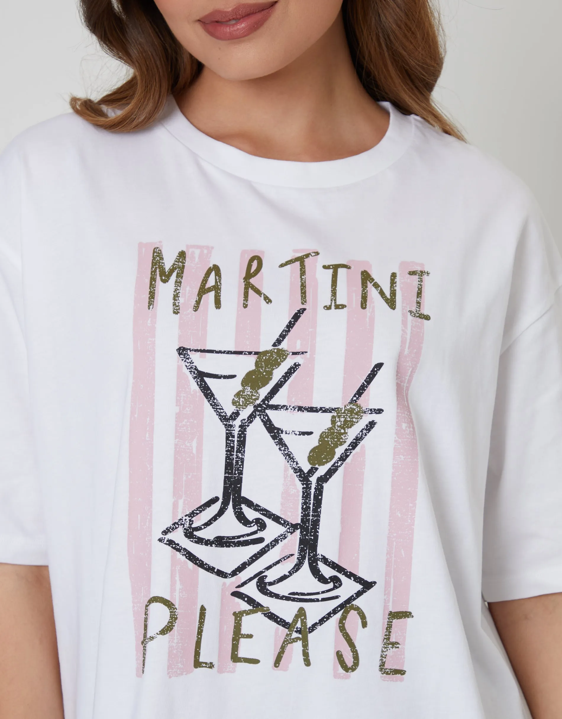 White 'Martini Please' Graphic Print Boyfriend Fit T-Shirt sold by Threadbare product image thumbnail 2