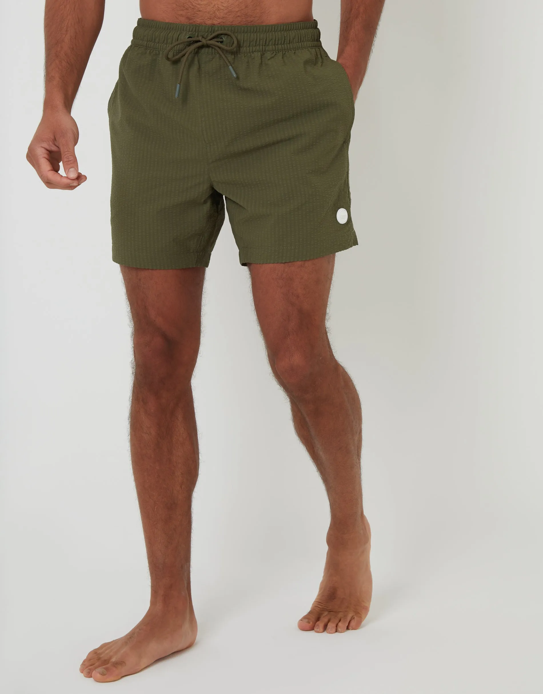 Khaki Green Seersucker Swim Shorts sold by Threadbare