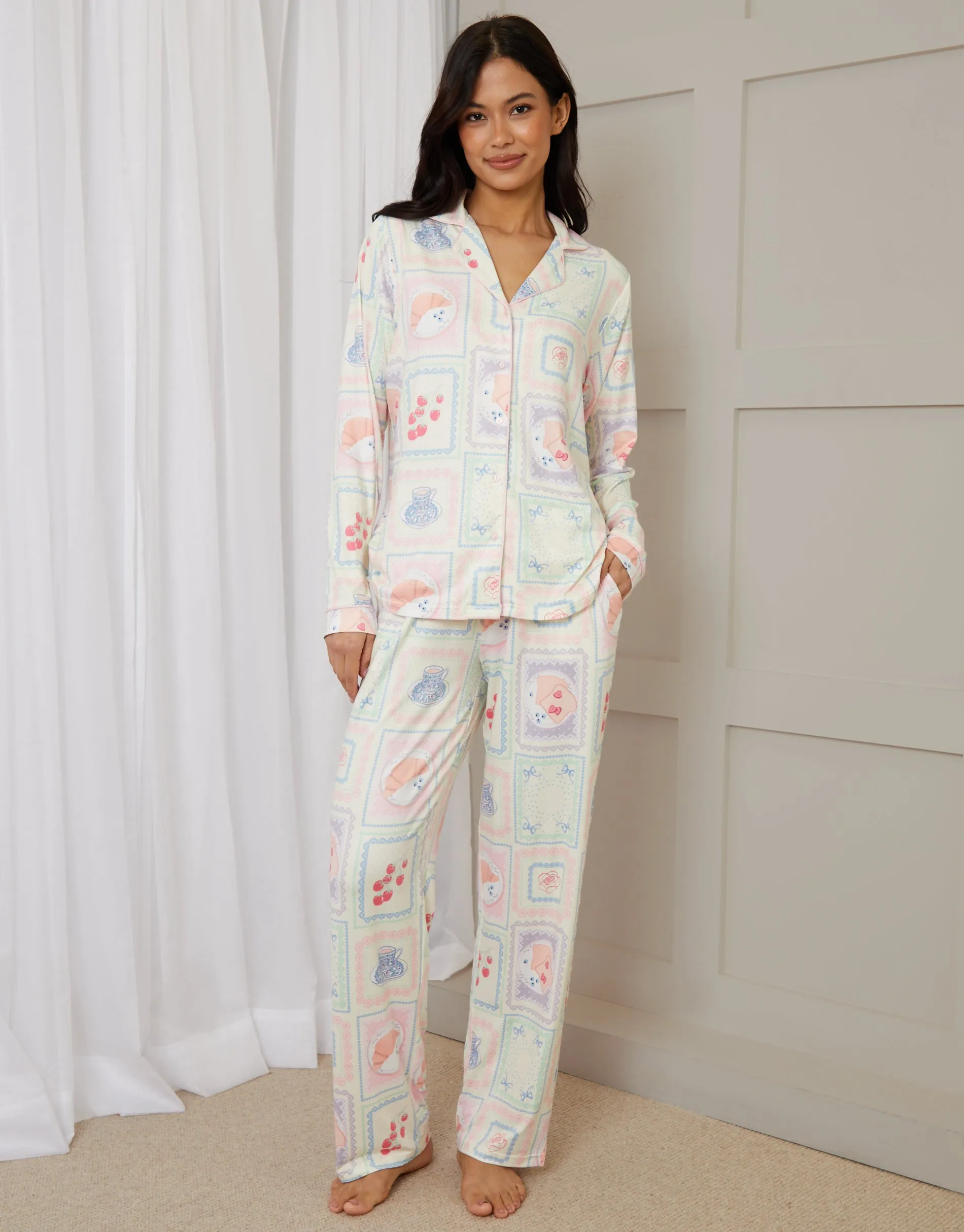 Cream Printed Long Button-Through Pyjamas (2-Piece Set) sold by Threadbare