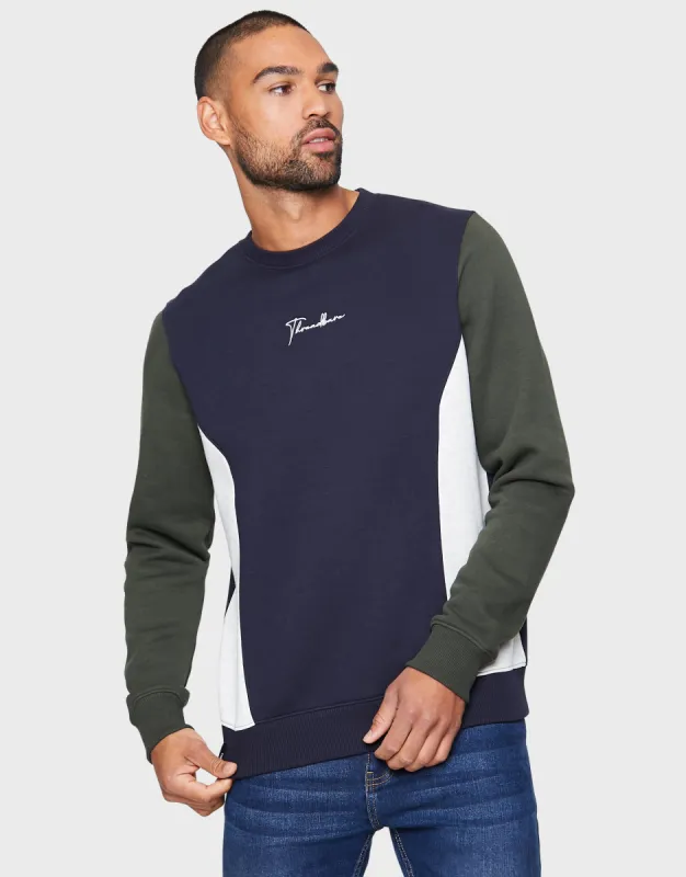 Men's Navy Colourblock Crew Neck Sweatshirt sold by Threadbare