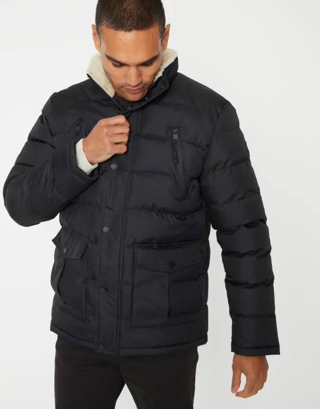 Men's Black Showerproof Utility Puffer Jacket with Sherpa Lined Collar sold by Threadbare