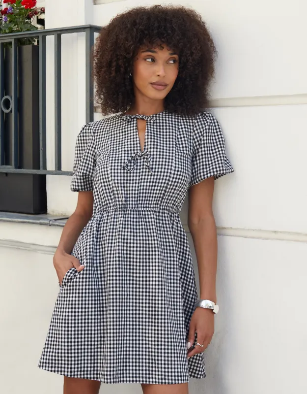 Gingham Puff Sleeve Tie Front Smock Mini Dress sold by Threadbare