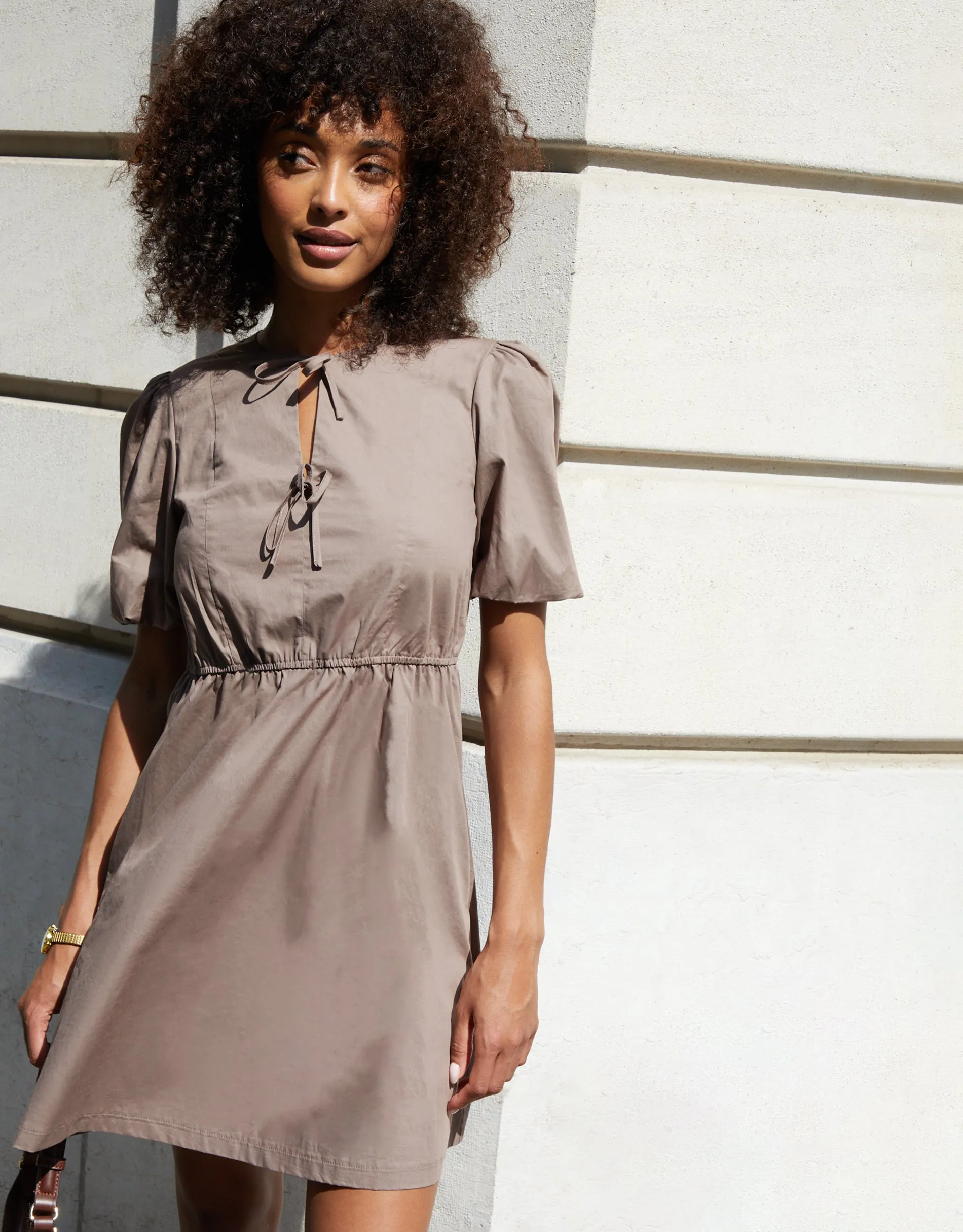 Taupe Puff Sleeve Tie Front Smock Mini Dress sold by Threadbare