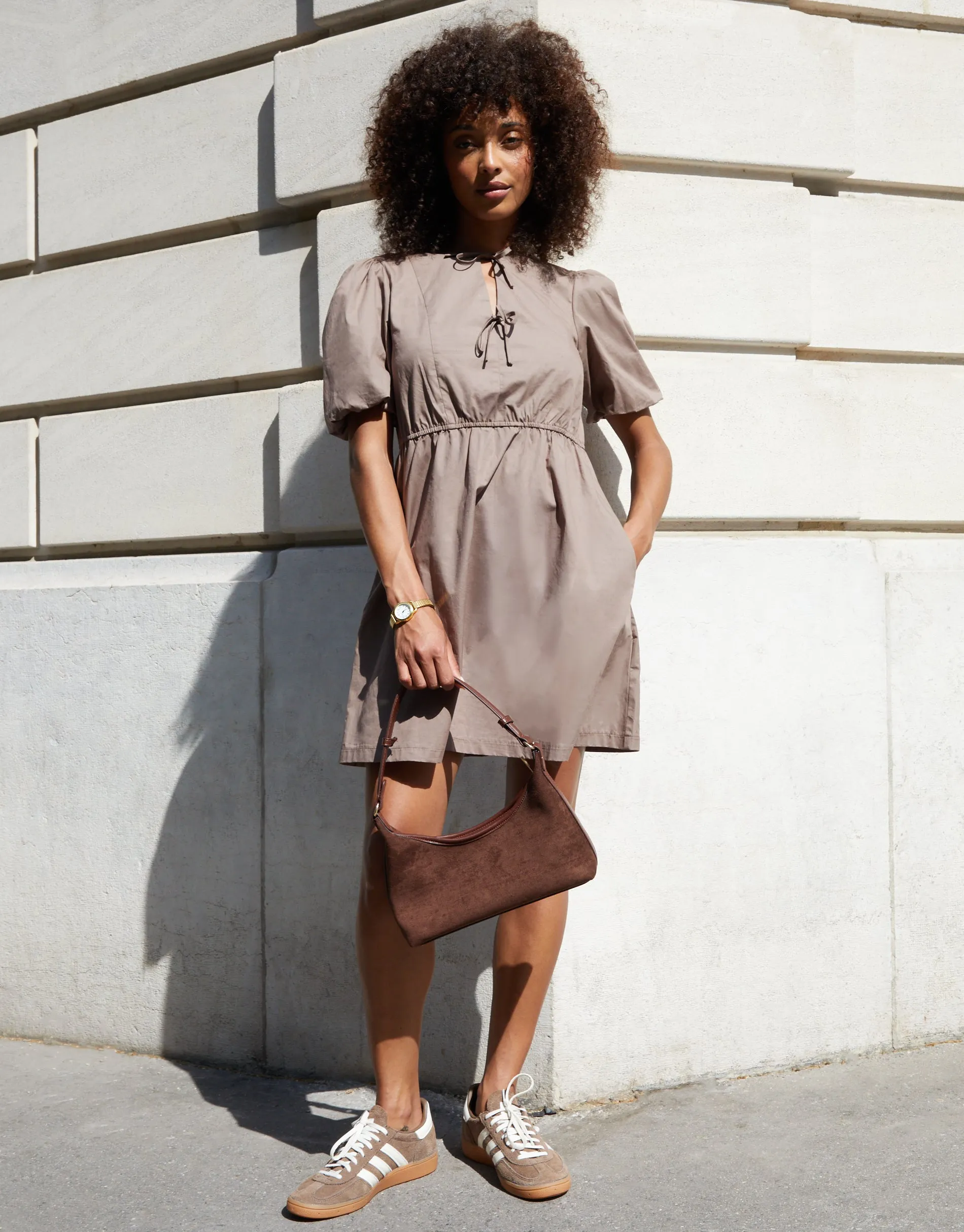 Taupe Puff Sleeve Tie Front Smock Mini Dress sold by Threadbare product image thumbnail 3