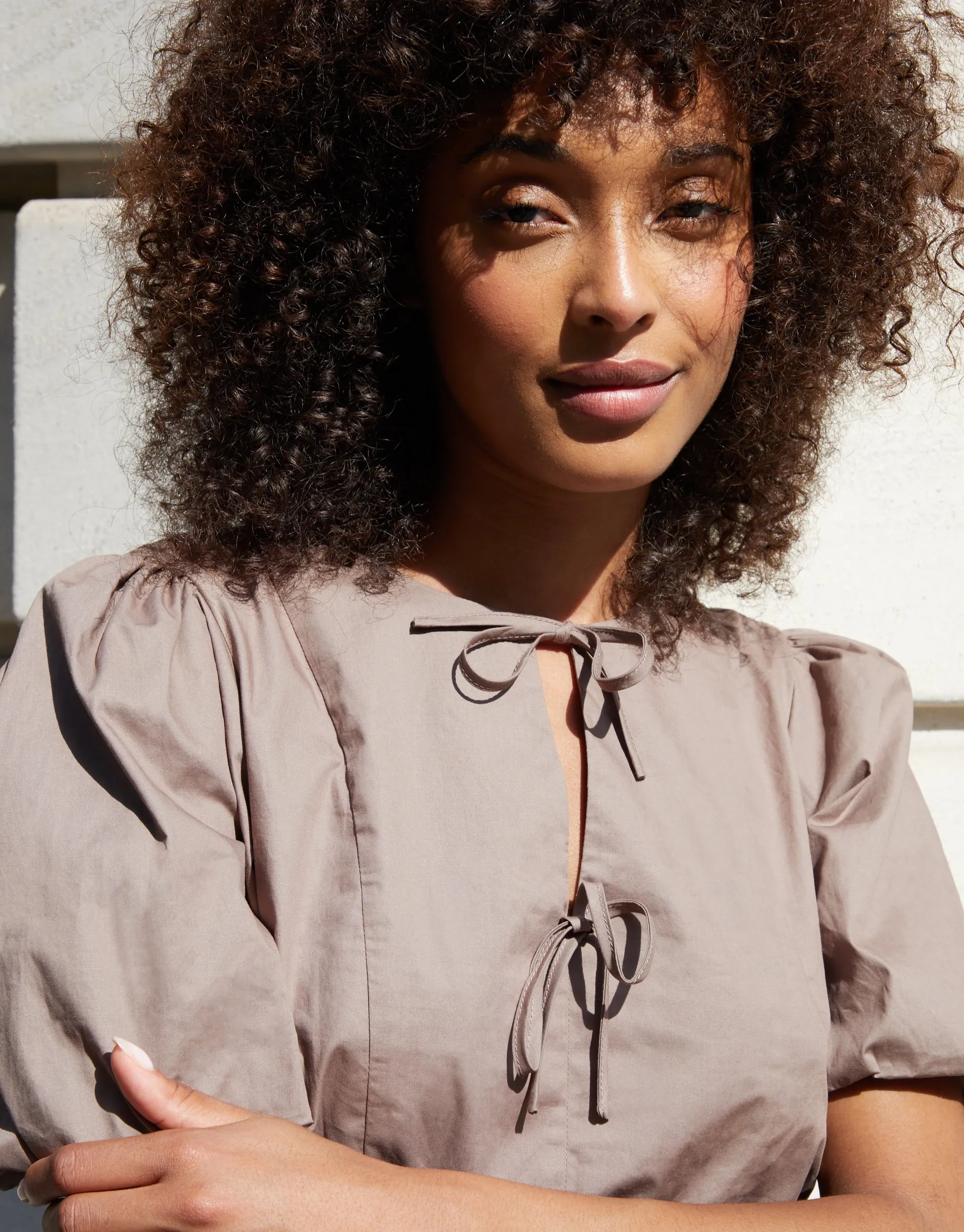 Taupe Puff Sleeve Tie Front Smock Mini Dress sold by Threadbare product image thumbnail 2