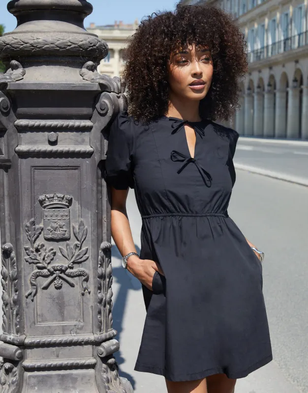 Black Puff Sleeve Tie Front Smock Mini Dress sold by Threadbare