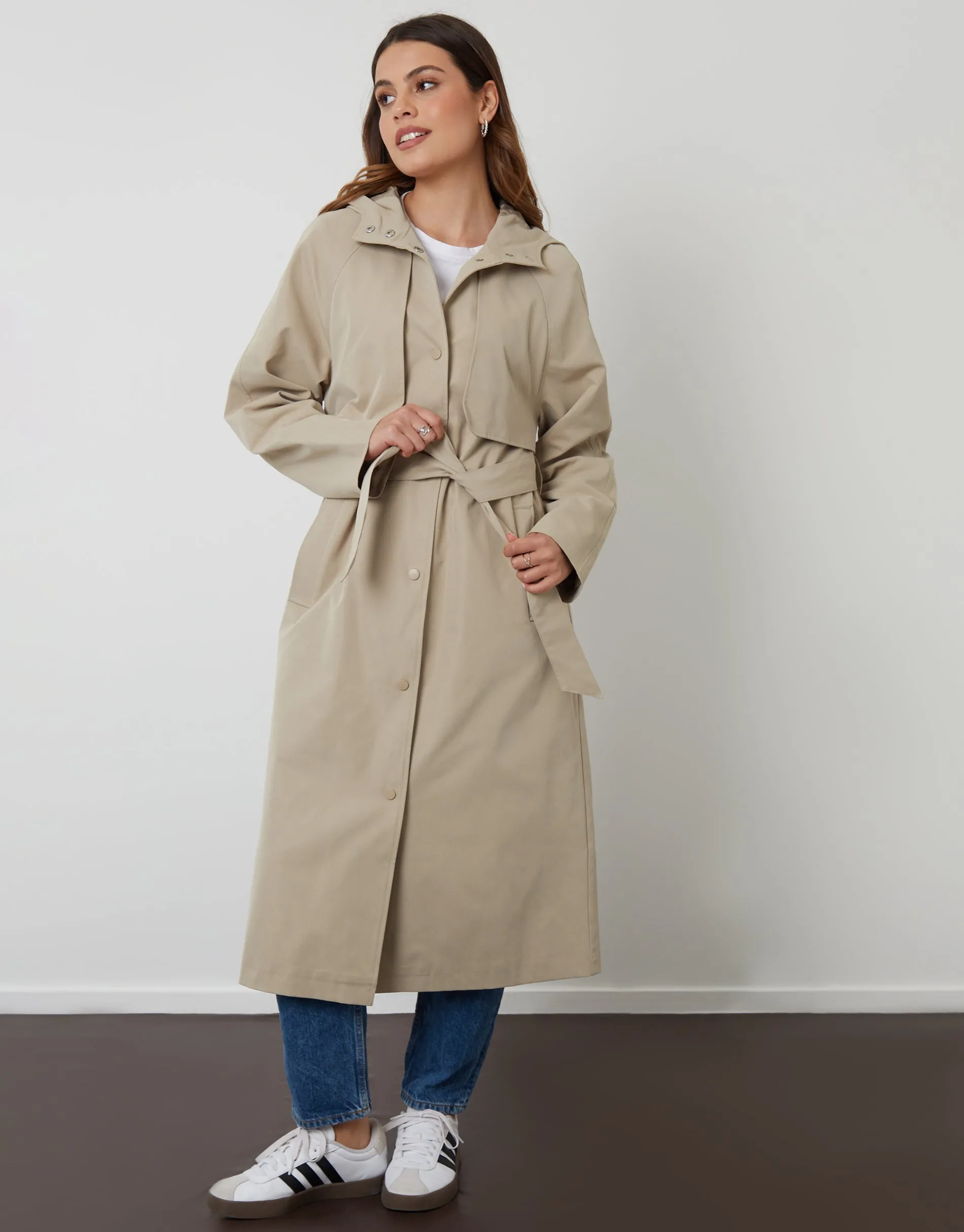 Stone Longline Hooded Trench Coat sold by Threadbare product image thumbnail 2