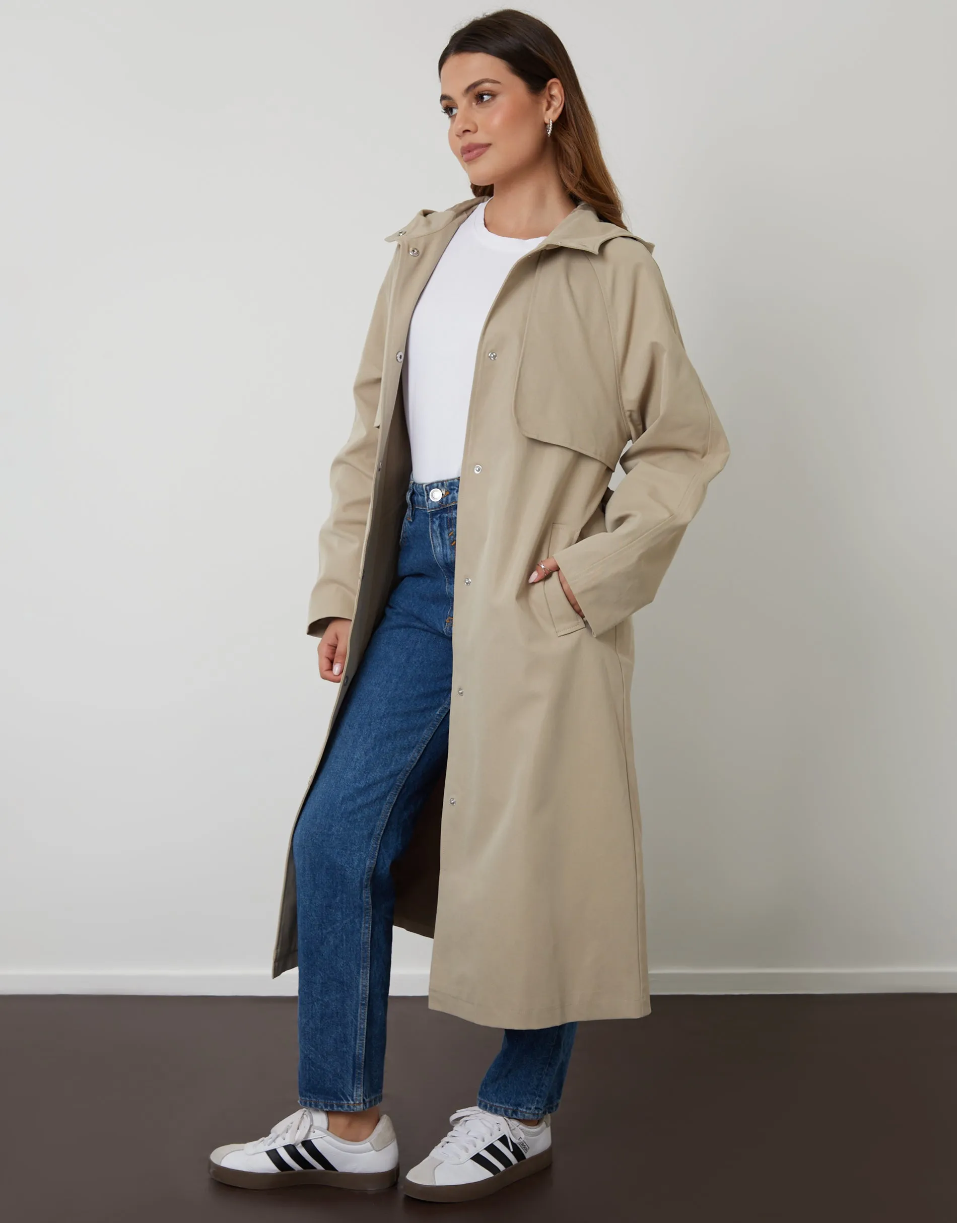 Stone Longline Hooded Trench Coat sold by Threadbare product image thumbnail 5