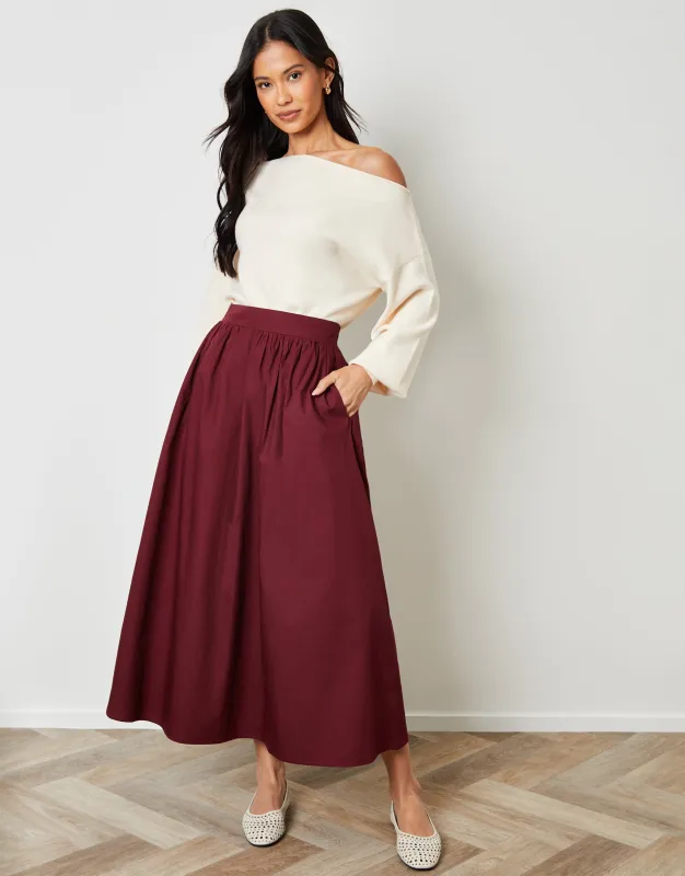 Berry Red Cotton Poplin Skirt with Pockets sold by Threadbare