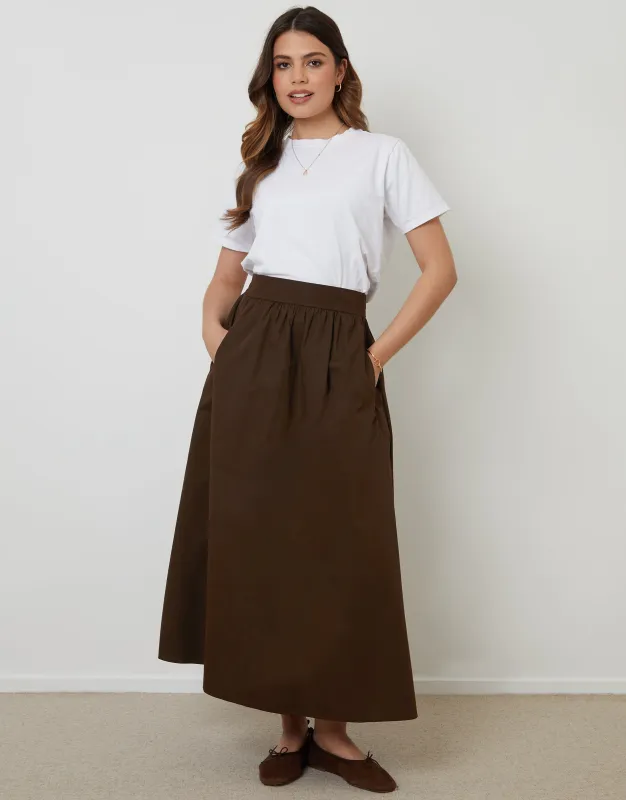 Chocolate Brown Cotton Poplin Skirt with Pockets sold by Threadbare