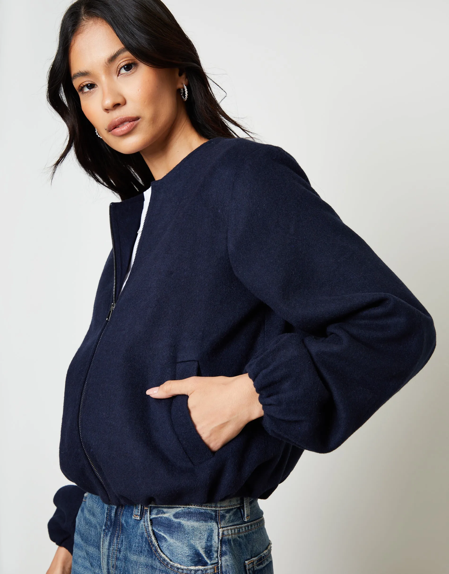 Navy Brushed Bubble Hem Bomber Jacket sold by Threadbare product image thumbnail 4