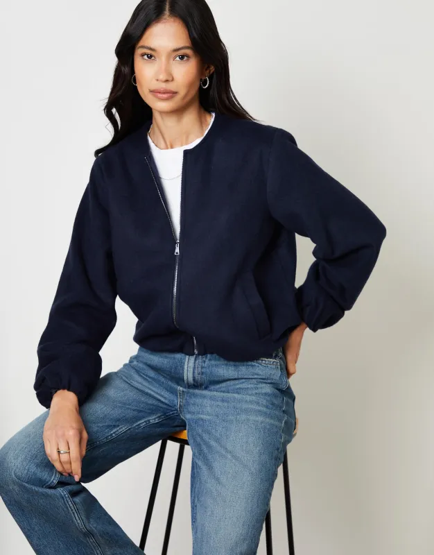 Navy Brushed Bubble Hem Bomber Jacket sold by Threadbare