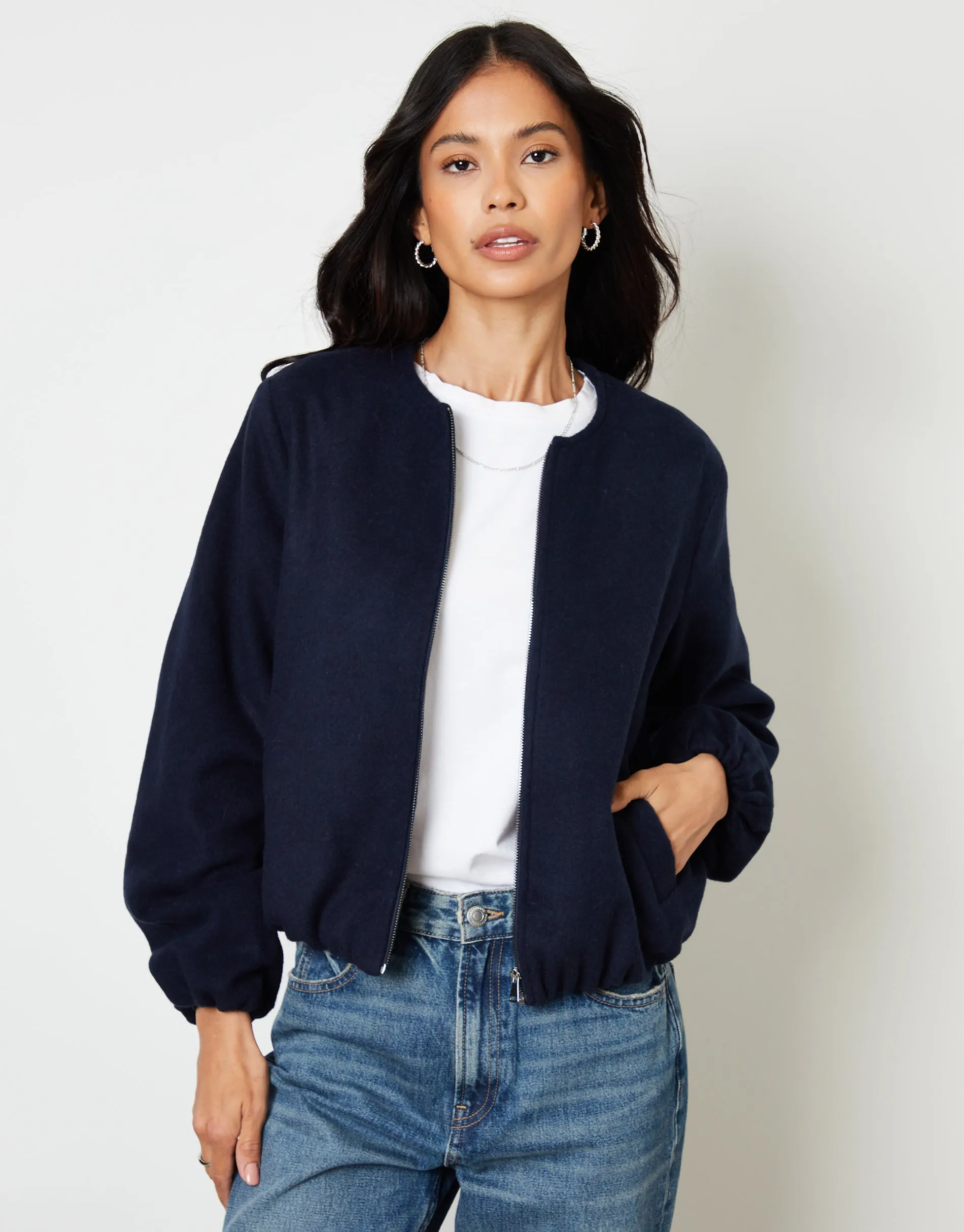 Navy Brushed Bubble Hem Bomber Jacket sold by Threadbare product image thumbnail 5
