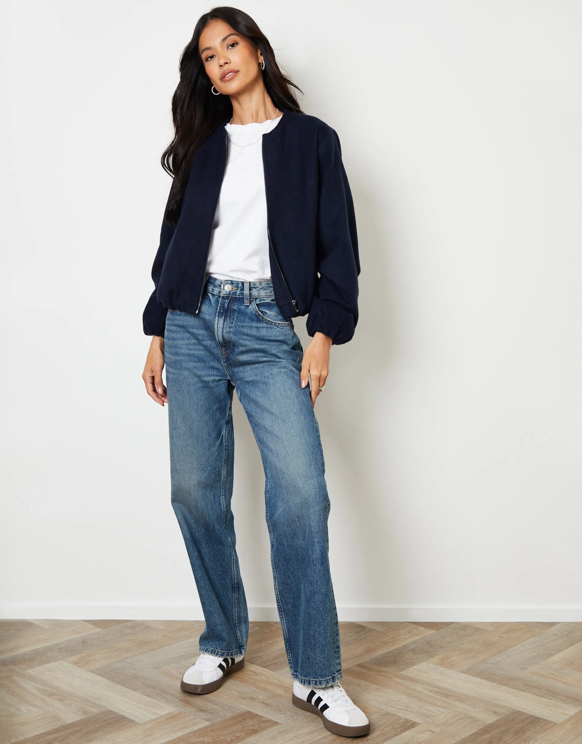 Navy Brushed Bubble Hem Bomber Jacket sold by Threadbare product image thumbnail 3