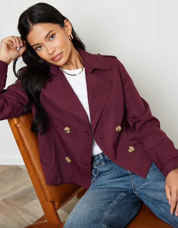 Berry Red Double Breasted Cropped Trench Coat sold by Threadbare