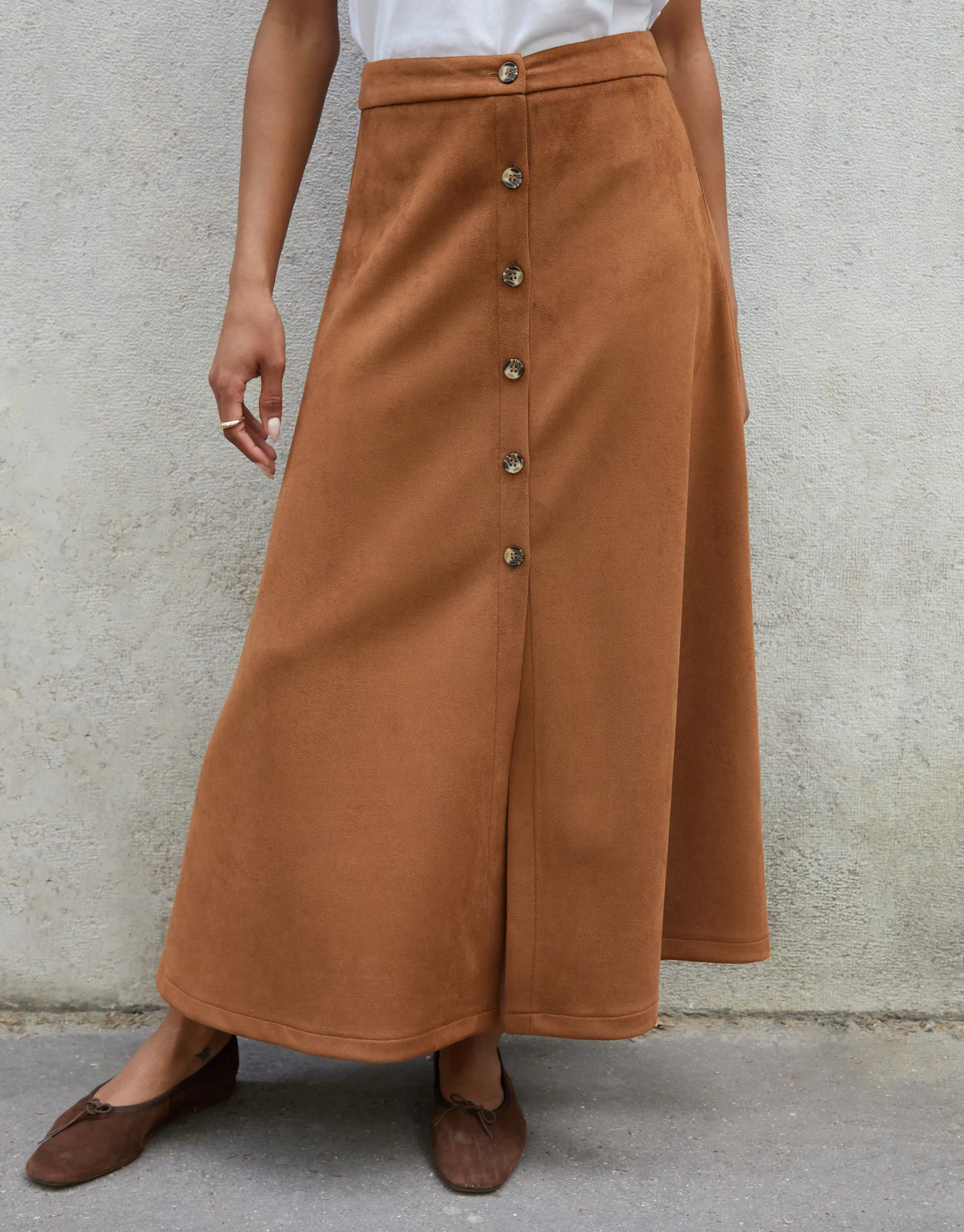 Tan Brown Button Front Suedette Skirt sold by Threadbare product image thumbnail 2