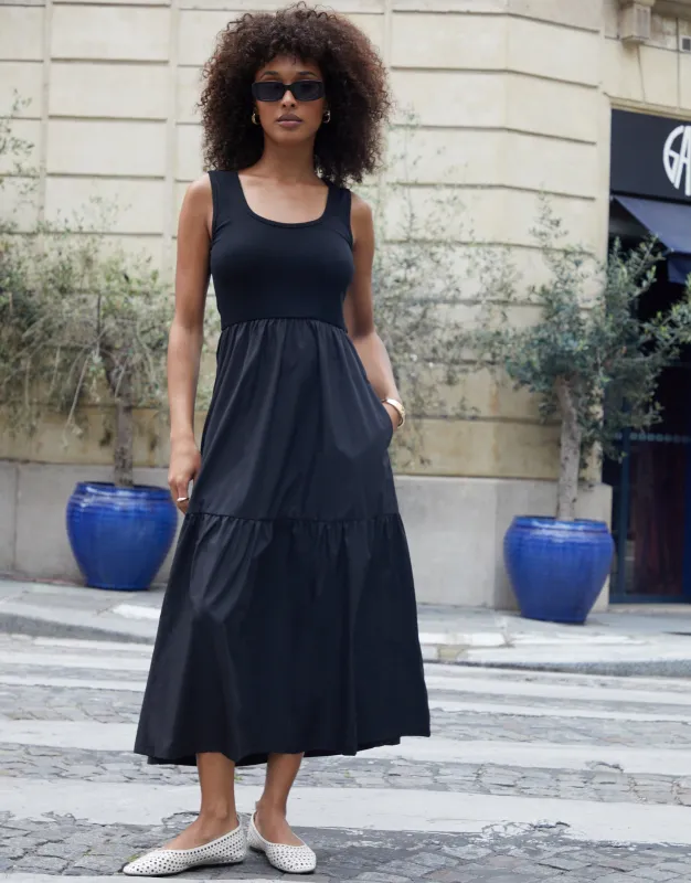 Black Sleeveless 2-in-1 Jersey Poplin Mix Tiered Dress sold by Threadbare