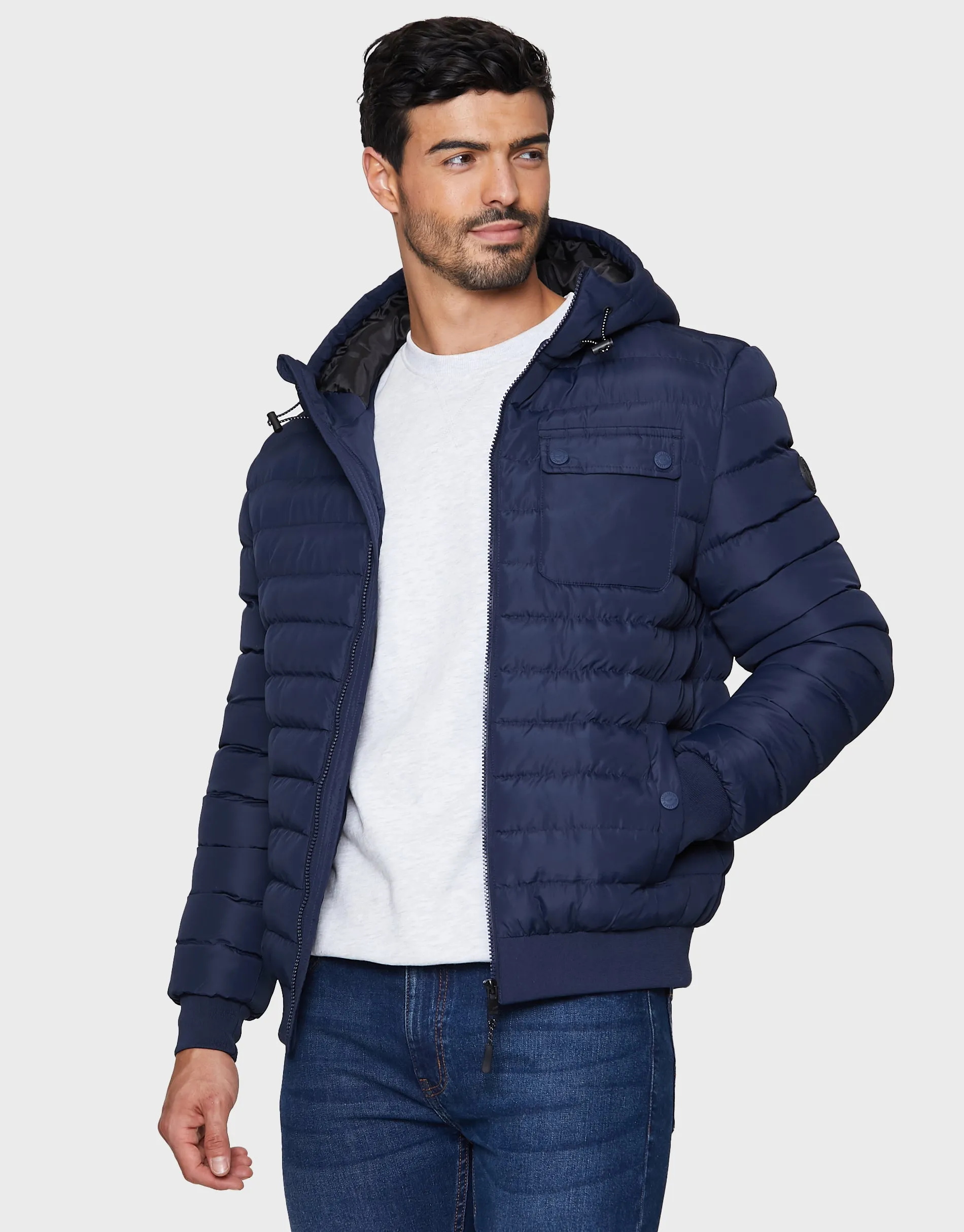 Men's Navy Hooded Puffer Jacket sold by Threadbare