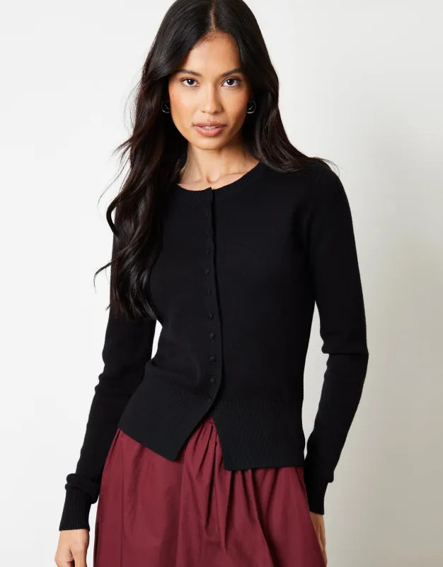 Black Crew Neck Compact Knitted Cardigan sold by Threadbare