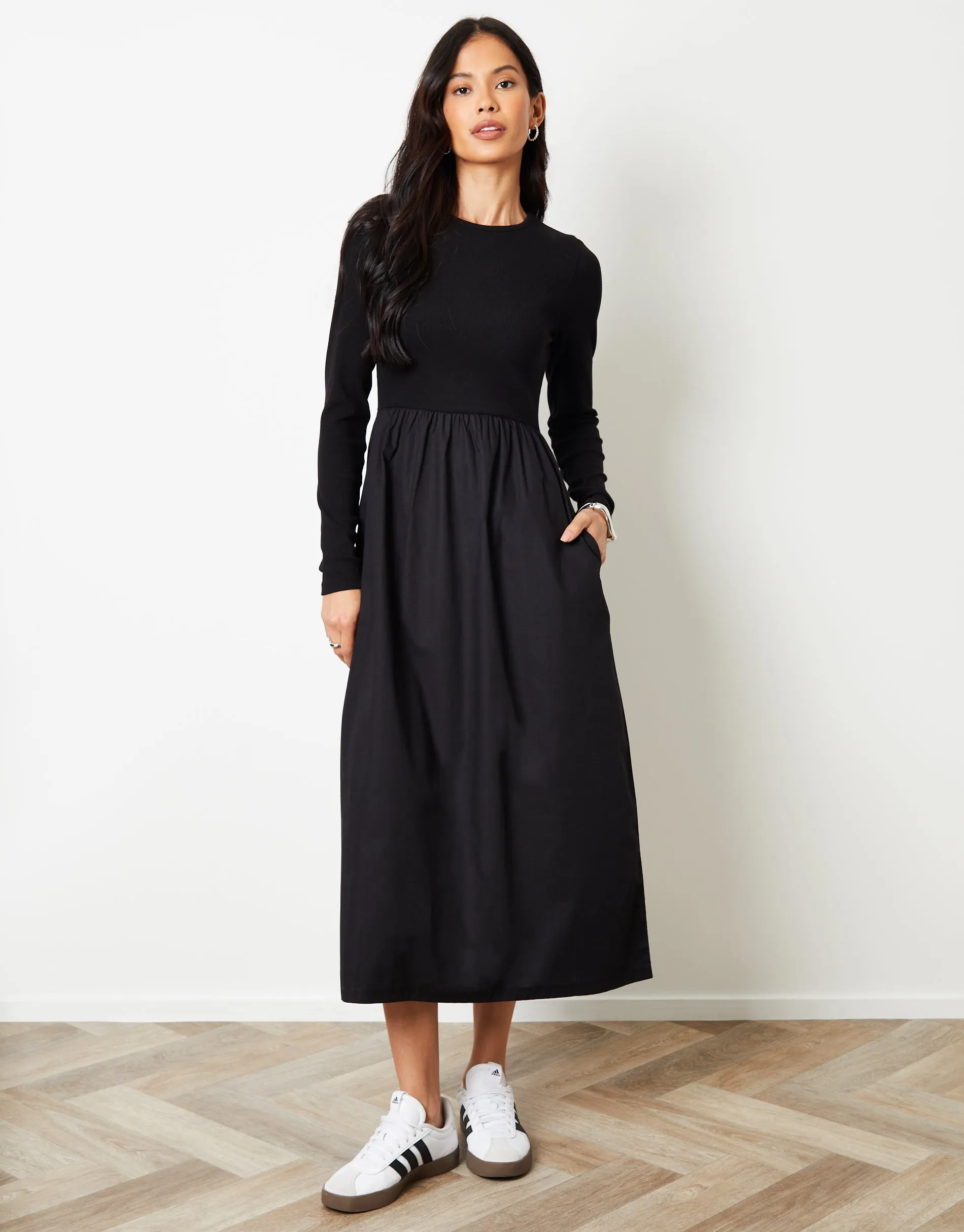 Black Rib Jersey 2-in-1 Midi Dress with Poplin Skirt sold by Threadbare