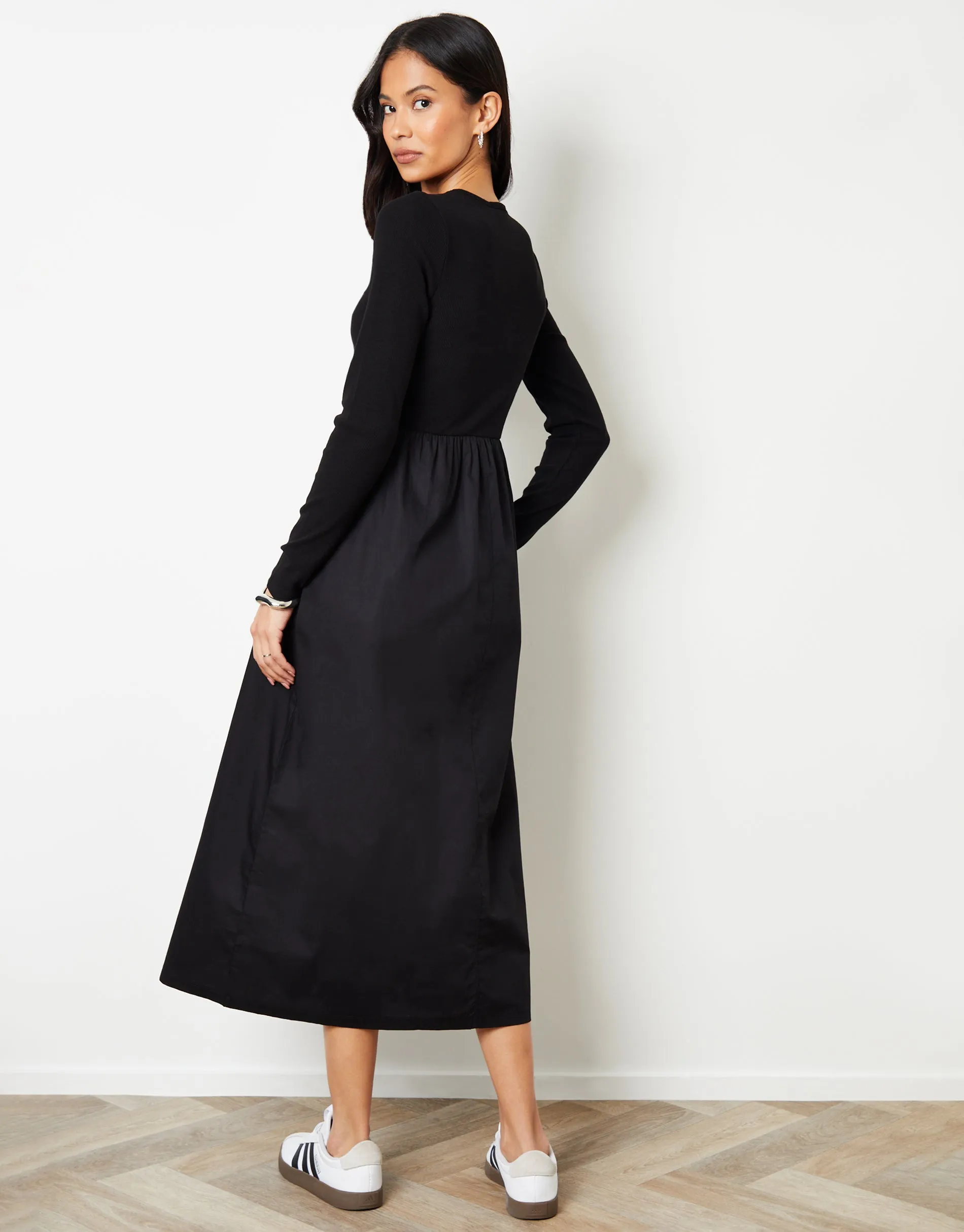 Black Rib Jersey 2-in-1 Midi Dress with Poplin Skirt sold by Threadbare product image thumbnail 2