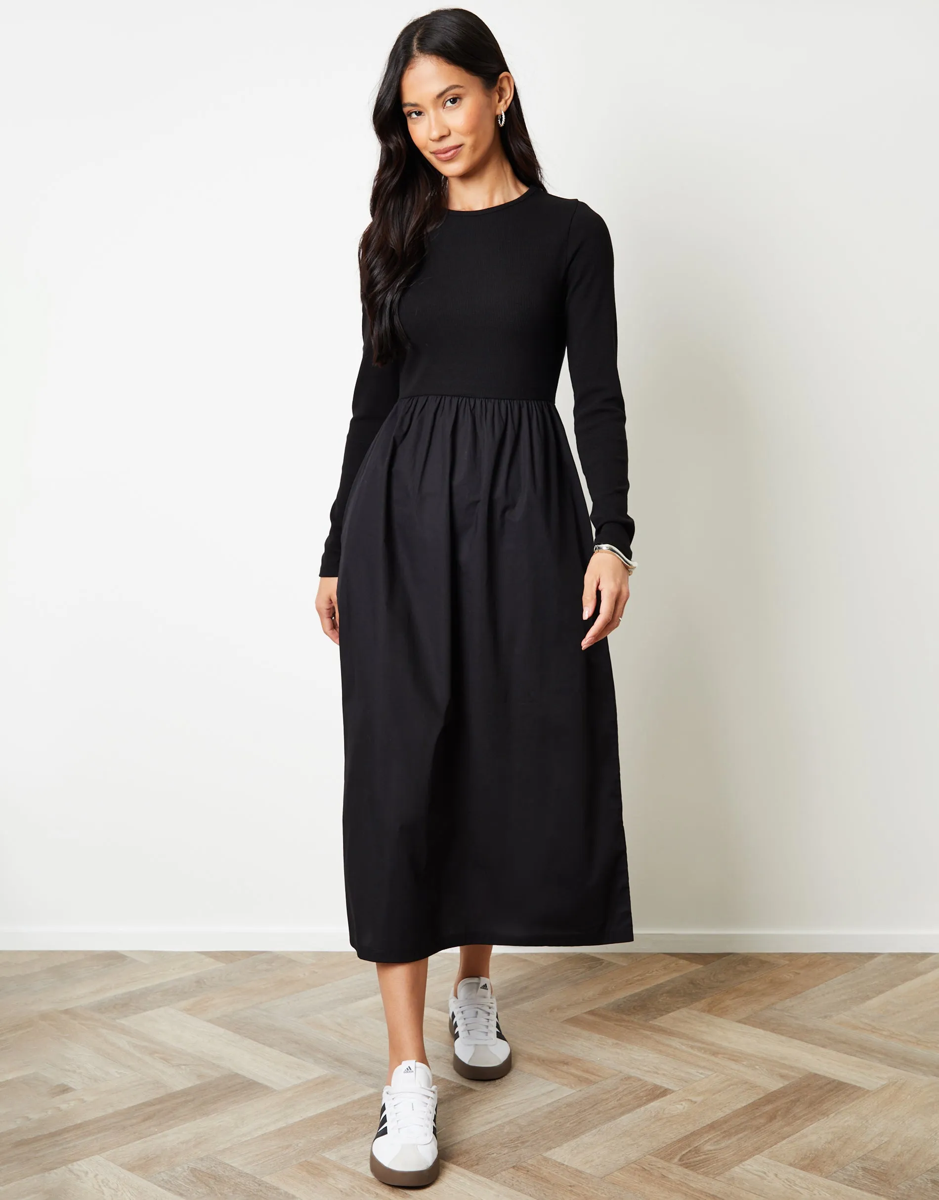 Black Rib Jersey 2-in-1 Midi Dress with Poplin Skirt sold by Threadbare product image thumbnail 3