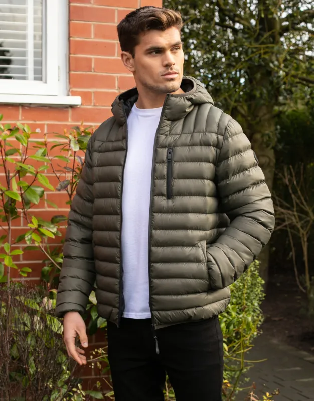 Men's Khaki Hooded Puffer Jacket sold by Threadbare