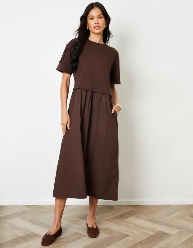 Chocolate Brown 2-in-1 Sweat Dress with Poplin Skirt sold by Threadbare
