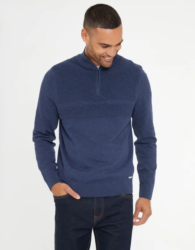 Denim Blue Rib Detail Knitted Quarter Zip Jumper sold by Threadbare