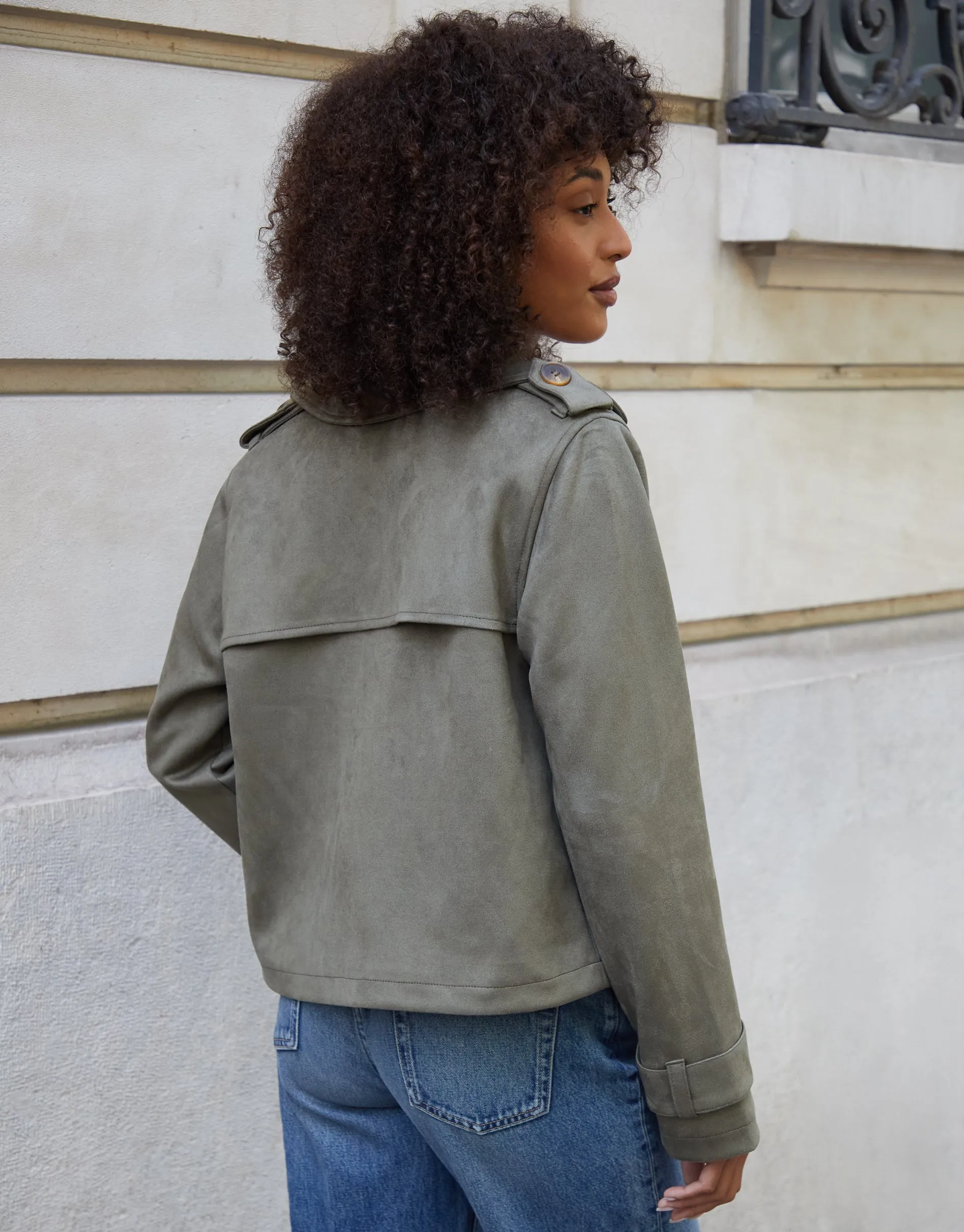 Olive Green Suedette Cropped Trench Coat sold by Threadbare product image thumbnail 2