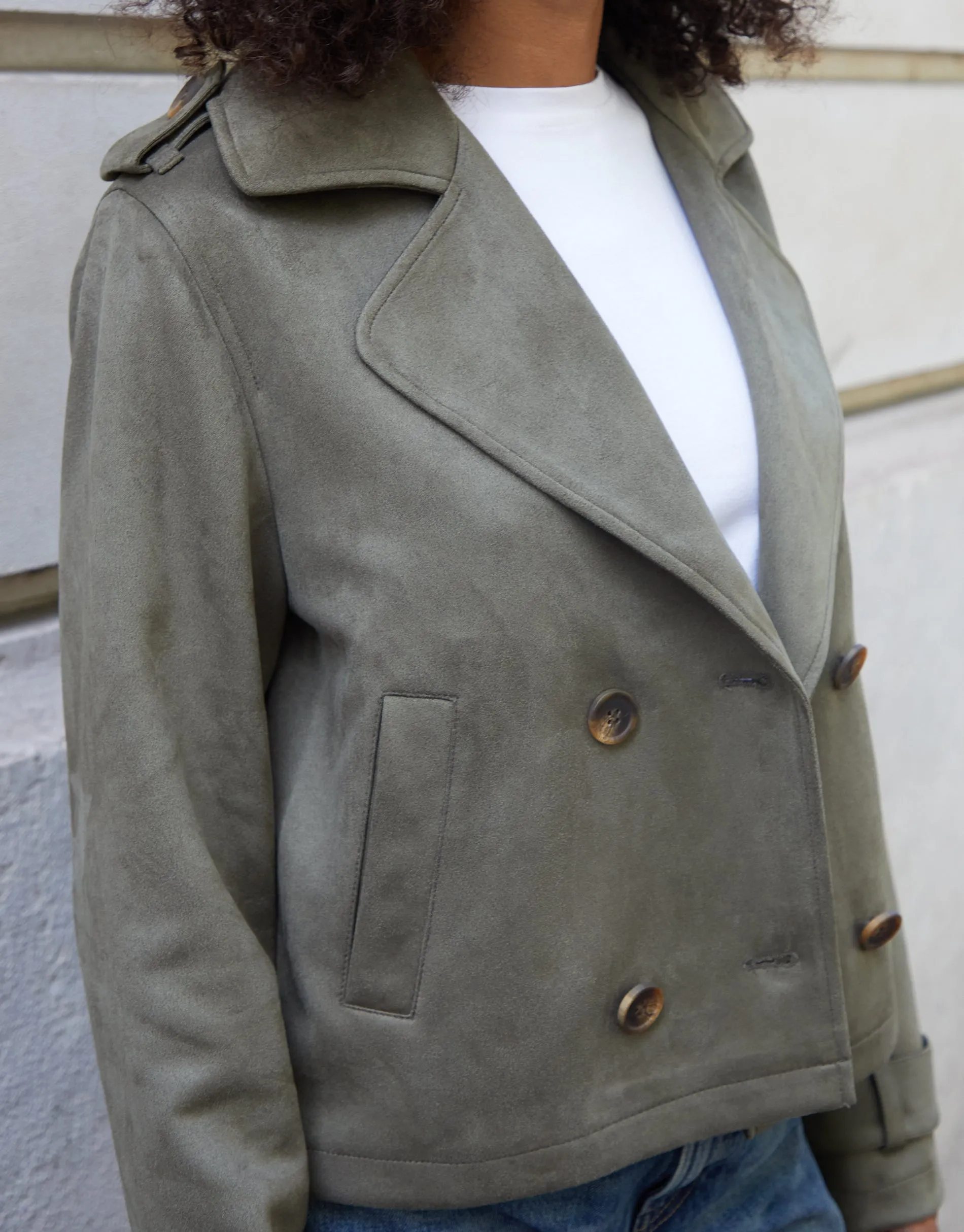Olive Green Suedette Cropped Trench Coat sold by Threadbare product image thumbnail 4