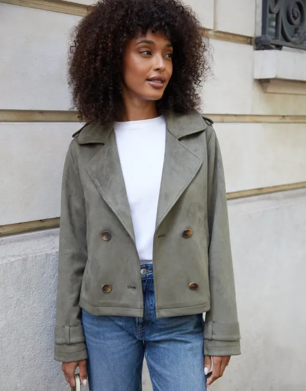 Olive Green Suedette Cropped Trench Coat sold by Threadbare