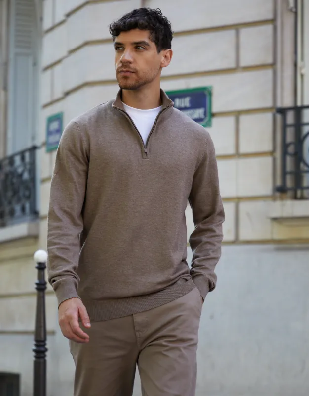 Taupe Marl Funnel Neck Quarter Zip Knitted Jumper sold by Threadbare