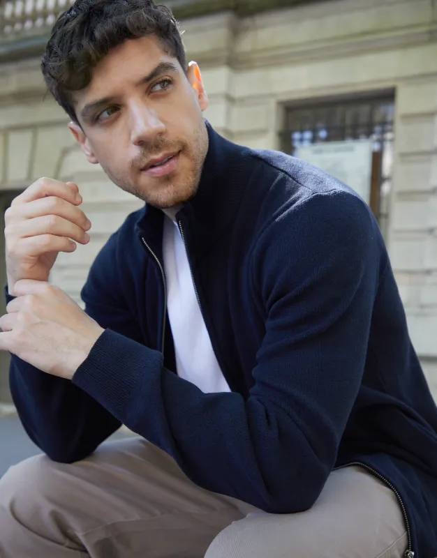 Navy Knitted Zip Up Funnel Neck Cardigan made by Threadbare