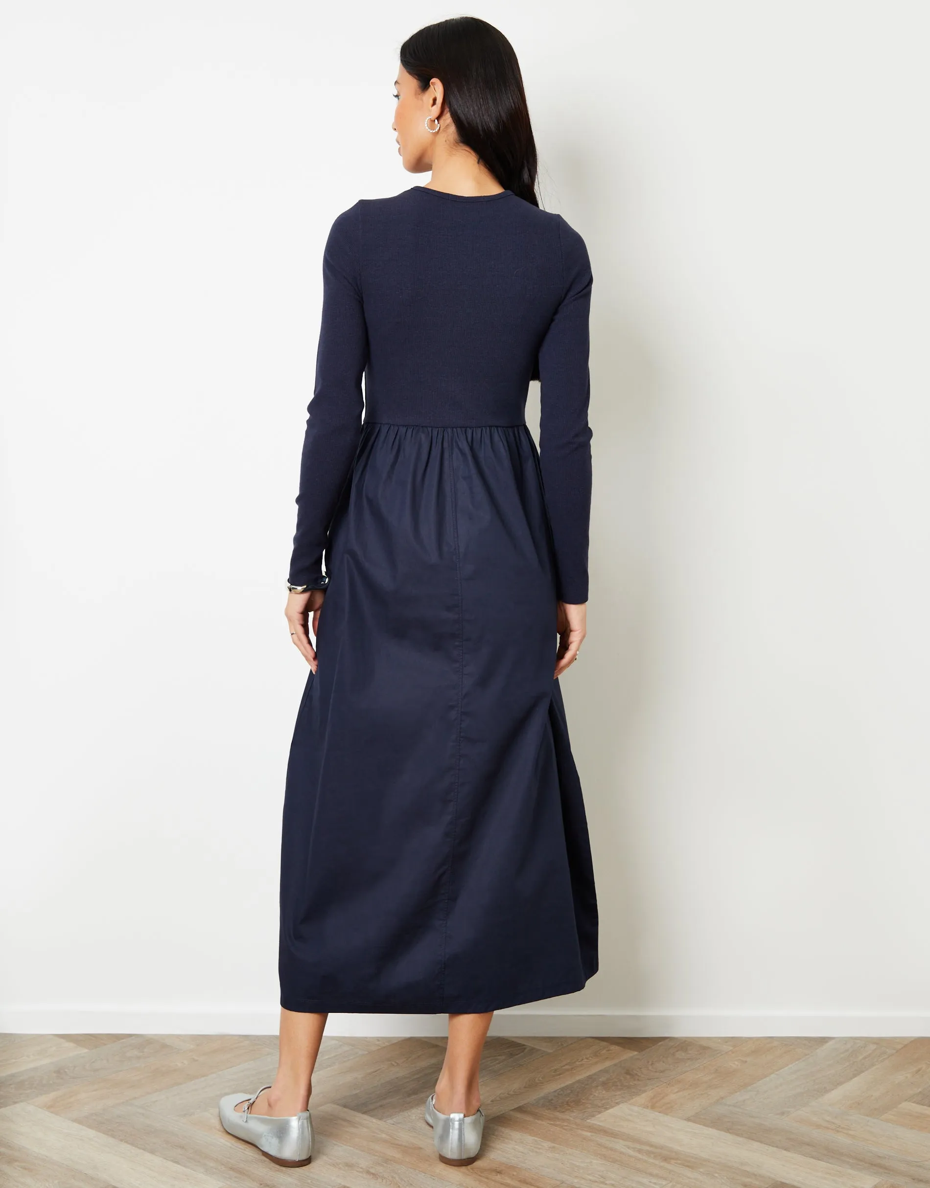Navy Rib Jersey 2-in-1 Midi Dress with Poplin Skirt sold by Threadbare product image thumbnail 2
