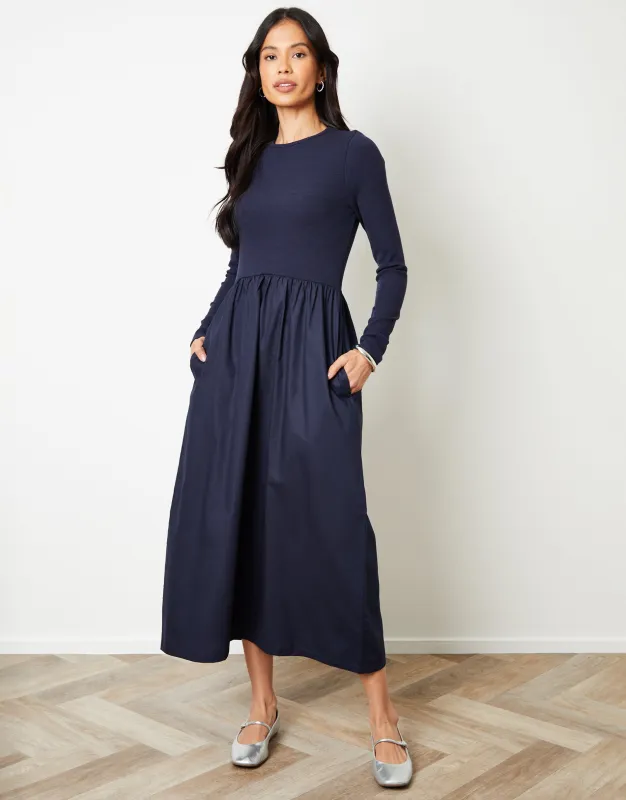 Navy Rib Jersey 2-in-1 Midi Dress with Poplin Skirt sold by Threadbare