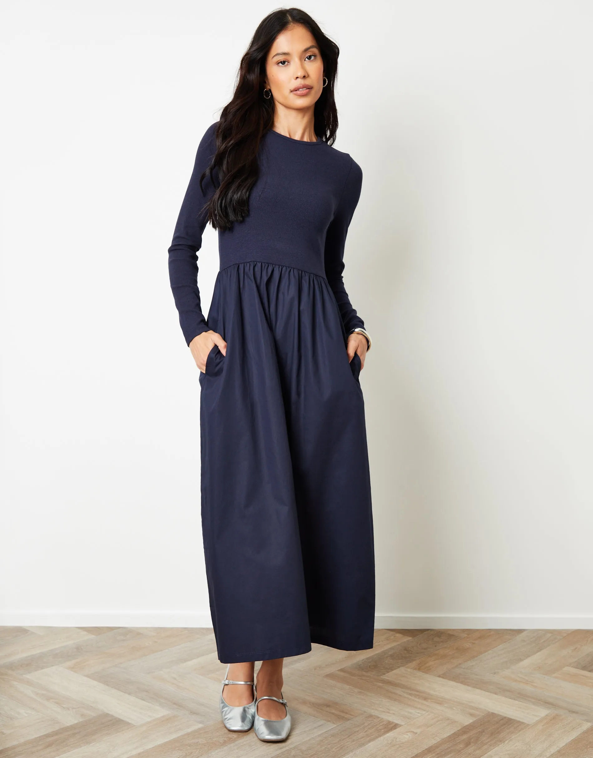 Navy Rib Jersey 2-in-1 Midi Dress with Poplin Skirt sold by Threadbare product image thumbnail 3