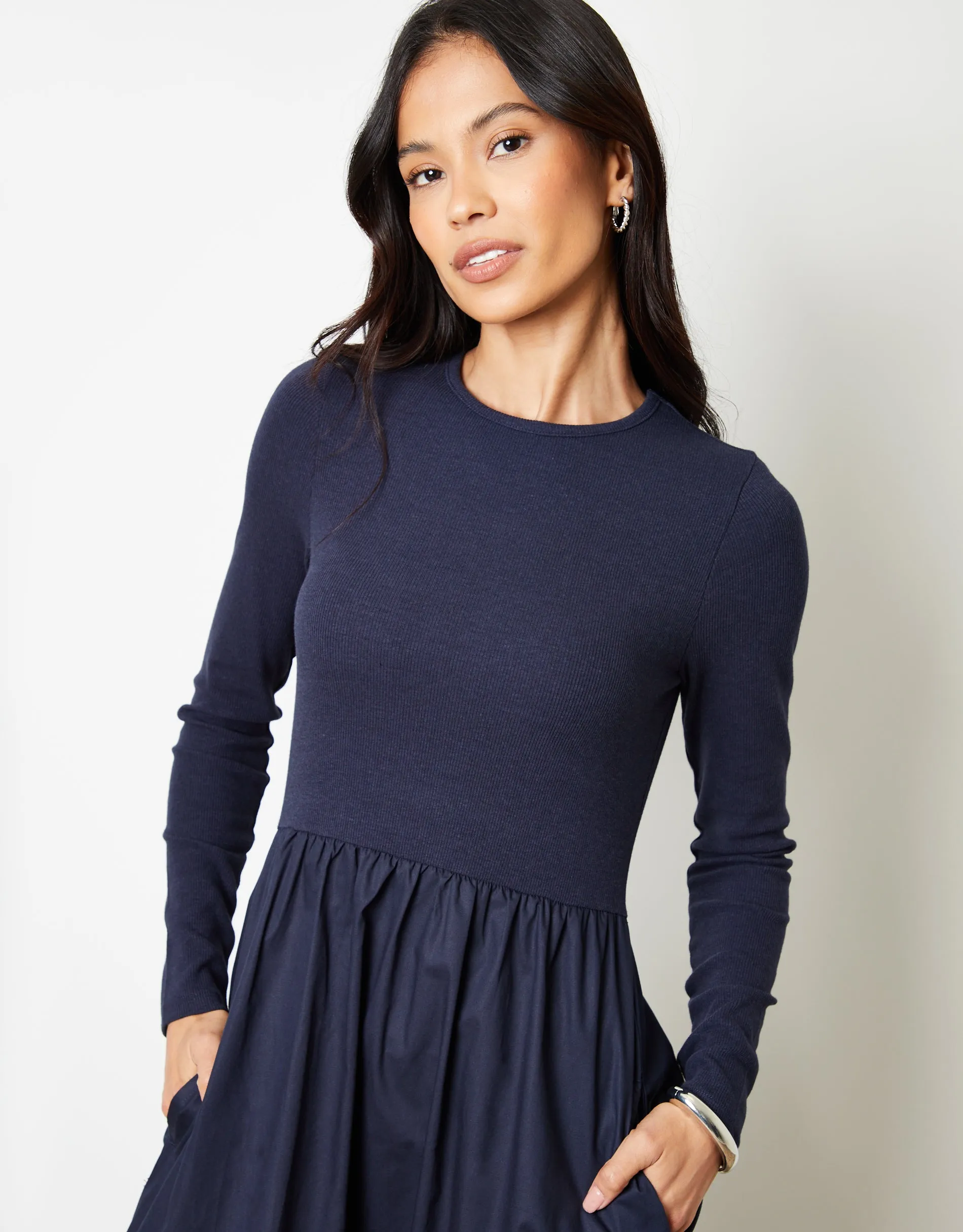 Navy Rib Jersey 2-in-1 Midi Dress with Poplin Skirt sold by Threadbare product image thumbnail 4