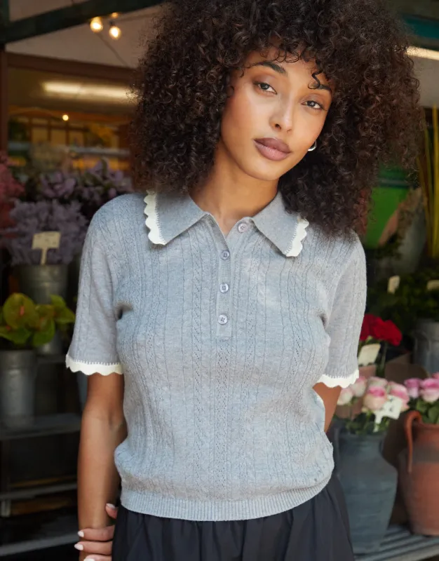 Grey Pointelle Knit Scalloped Polo Collar Top sold by Threadbare