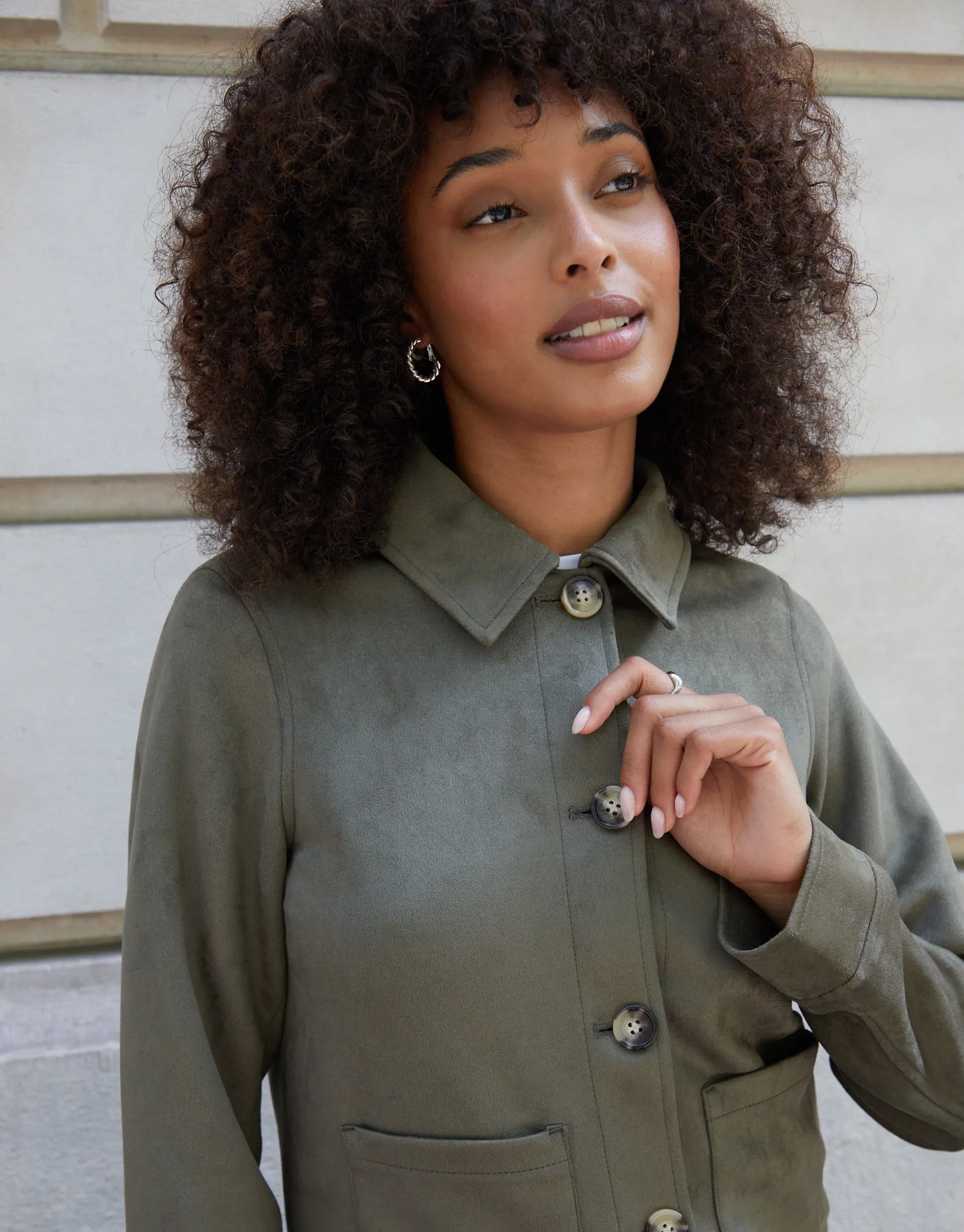 Olive Green Cropped Button Up Suedette Shacket sold by Threadbare product image thumbnail 4