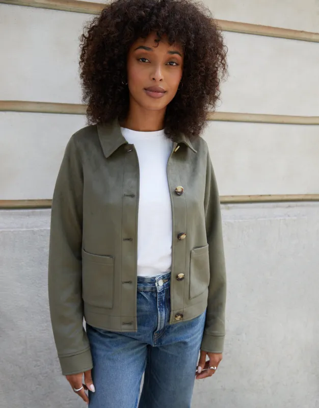 Olive Green Cropped Button Up Suedette Shacket sold by Threadbare